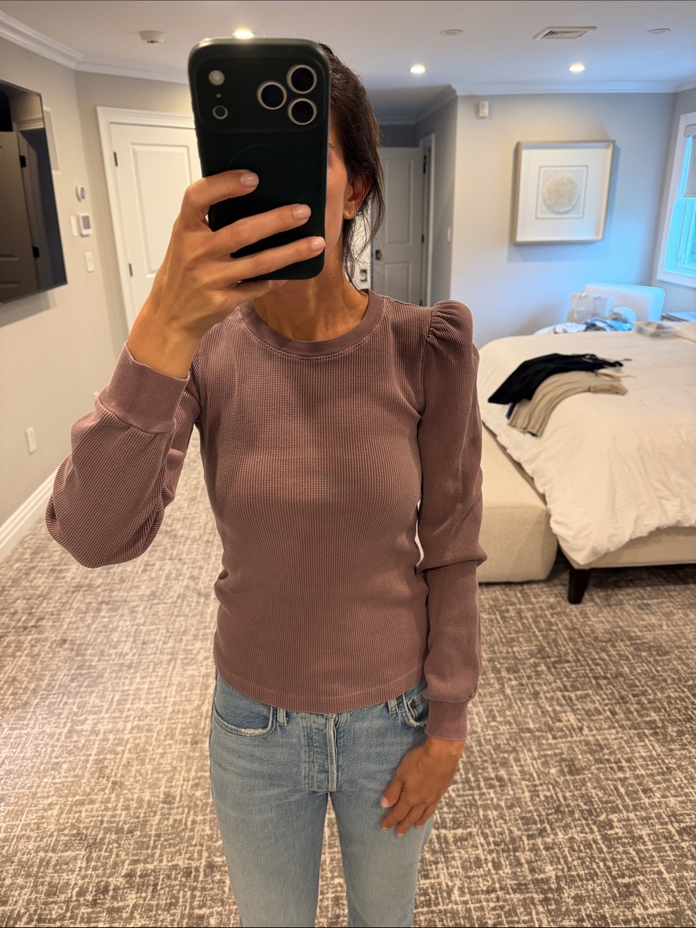 Amo Women's Mauve Puff-Sleeve Waffle Top